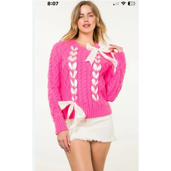 Anthropologie THML Pink Chunky Sweater with Ribbon Detail TMK2134 Size M - Picture 1 of 8